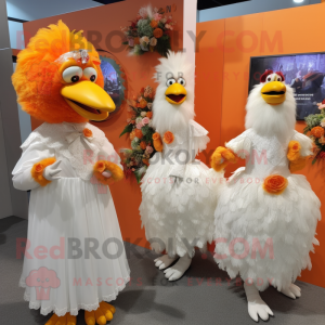 Orange Roosters mascot costume character dressed with a Wedding Dress and Coin purses