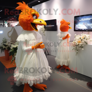 Orange Roosters mascot costume character dressed with a Wedding Dress and Coin purses