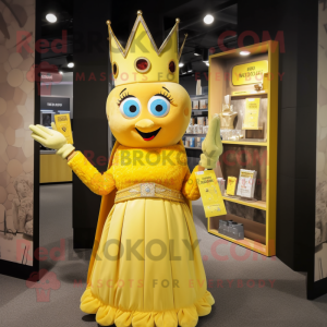 Yellow Queen mascot costume character dressed with a Mini Dress and Wallets