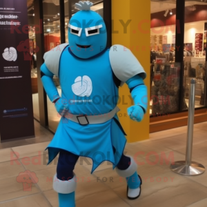 Turquoise Medieval Knight mascot costume character dressed with a Running Shorts and Bracelet watches