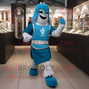 Turquoise Medieval Knight mascot costume character dressed with a Running Shorts and Bracelet watches