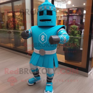 Turquoise Medieval Knight mascot costume character dressed with a Running Shorts and Bracelet watches