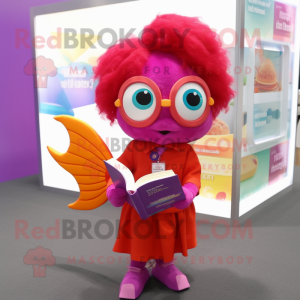 Magenta Goldfish mascot costume character dressed with a Blouse and Reading glasses