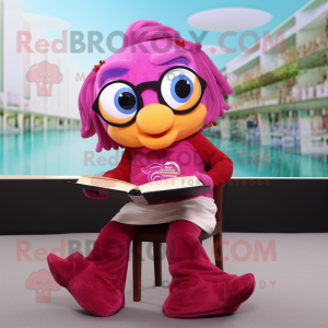 Magenta Goldfish mascot costume character dressed with a Blouse and Reading glasses