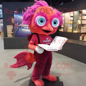 Magenta Goldfish mascot costume character dressed with a Blouse and Reading glasses