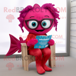 Magenta Goldfish mascot costume character dressed with a Blouse and Reading glasses