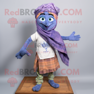 Lavender Tikka Masala mascot costume character dressed with a Chambray Shirt and Scarves