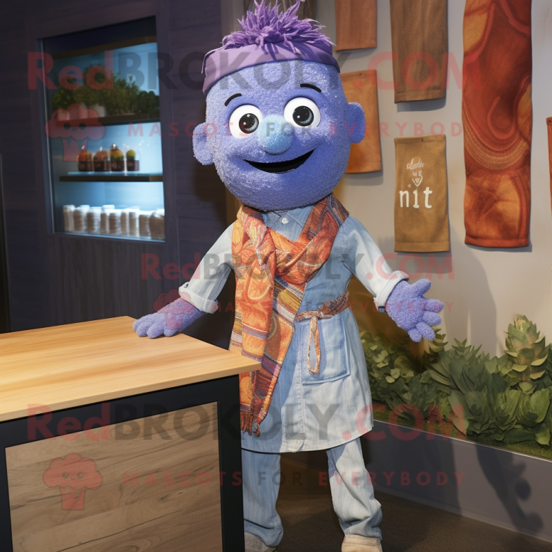 Lavender Tikka Masala mascot costume character dressed with a Chambray Shirt and Scarves