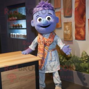 Lavender Tikka Masala mascot costume character dressed with a Chambray Shirt and Scarves