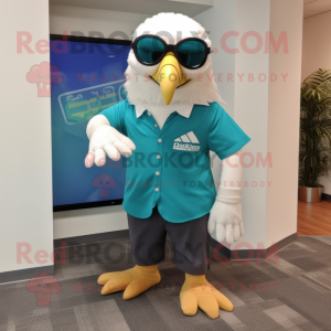 Teal Bald Eagle mascot costume character dressed with a A-Line Skirt and Eyeglasses