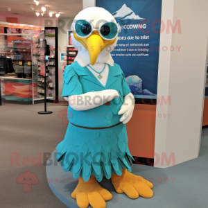 Teal Bald Eagle mascot costume character dressed with a A-Line Skirt and Eyeglasses