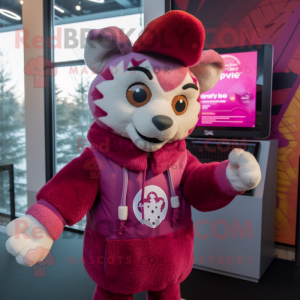 Magenta Bobcat mascot costume character dressed with a Cardigan and Beanies