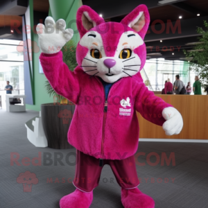 Magenta Bobcat mascot costume character dressed with a Cardigan and Beanies