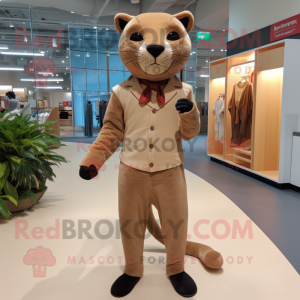 Beige Jaguarundi mascot costume character dressed with a Suit Pants and Shoe laces