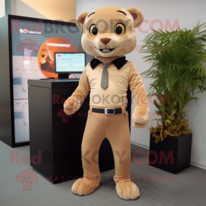 Beige Jaguarundi mascot costume character dressed with a Suit Pants and Shoe laces