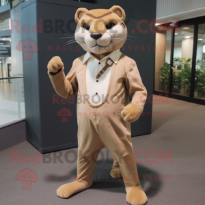 Beige Jaguarundi mascot costume character dressed with a Suit Pants and Shoe laces