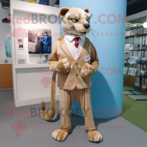 Beige Jaguarundi mascot costume character dressed with a Suit Pants and Shoe laces