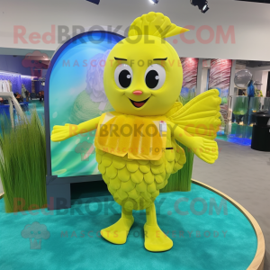 Lemon Yellow Betta Fish mascot costume character dressed with a Swimwear and Coin purses