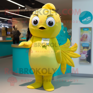 Lemon Yellow Betta Fish mascot costume character dressed with a Swimwear and Coin purses