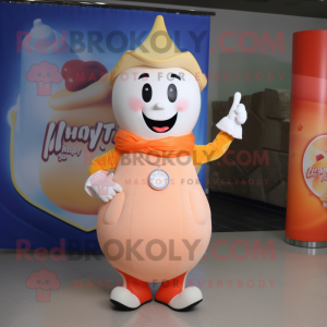 Peach Bottle Of Milk mascot costume character dressed with a Flare Jeans and Gloves