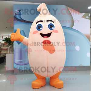 Peach Bottle Of Milk mascot costume character dressed with a Flare Jeans and Gloves