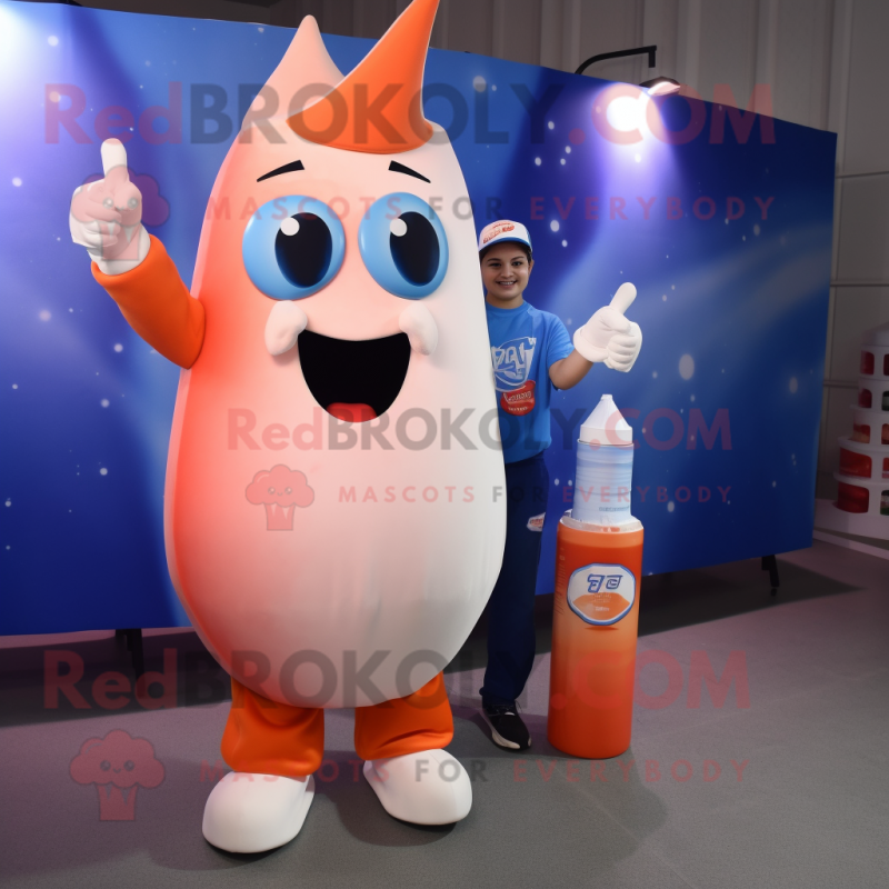 Peach Bottle Of Milk mascot costume character dressed with a Flare Jeans and Gloves Peach Bottle Of Milk mascot costume character dressed with a Flare Jeans and Gloves