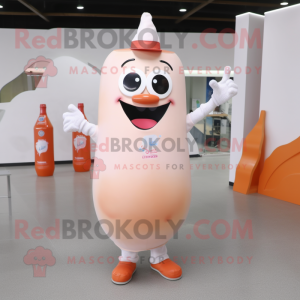 Peach Bottle Of Milk mascot costume character dressed with a Flare Jeans and Gloves