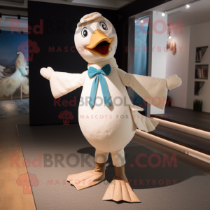 Beige Gull mascot costume character dressed with a Jumpsuit and Bow ties
