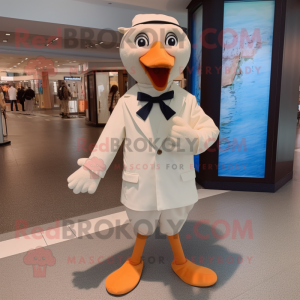 Beige Gull mascot costume character dressed with a Jumpsuit and Bow ties