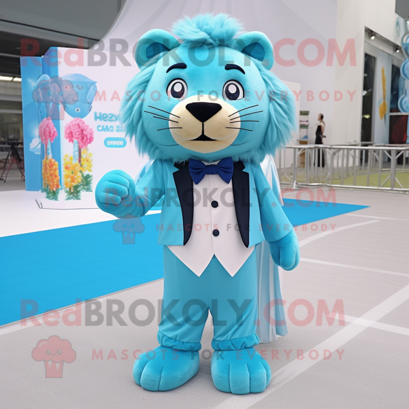 Cyan Lion mascot costume character dressed with a A-Line Dress and Bow ties Cyan Lion mascot costume character dressed with a A-Line Dress and Bow ties