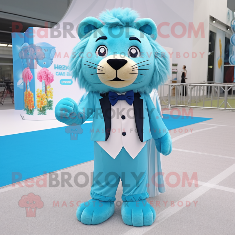 Cyan Lion mascot costume character dressed with a A-Line Dress and Bow ties