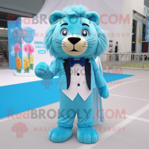 Cyan Lion mascot costume character dressed with a A-Line Dress and Bow ties