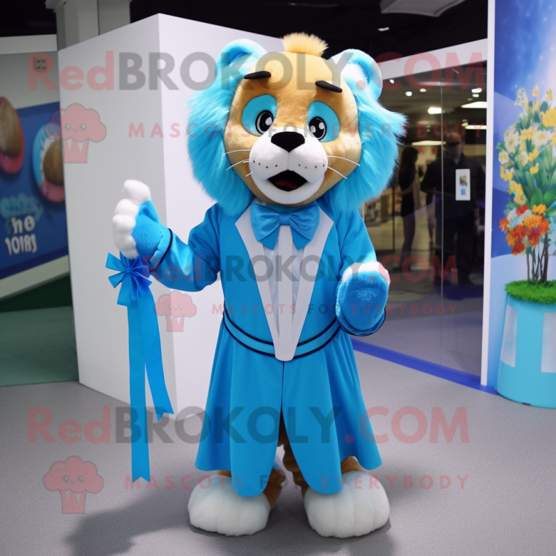 Cyan Lion mascot costume character dressed with a A-Line Dress and Bow ties Cyan Lion mascot costume character dressed with a A-Line Dress and Bow ties