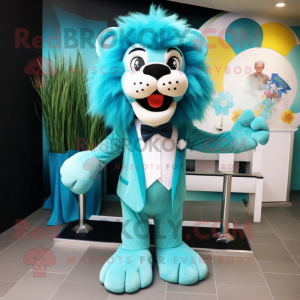 Cyan Lion mascot costume character dressed with a A-Line Dress and Bow ties