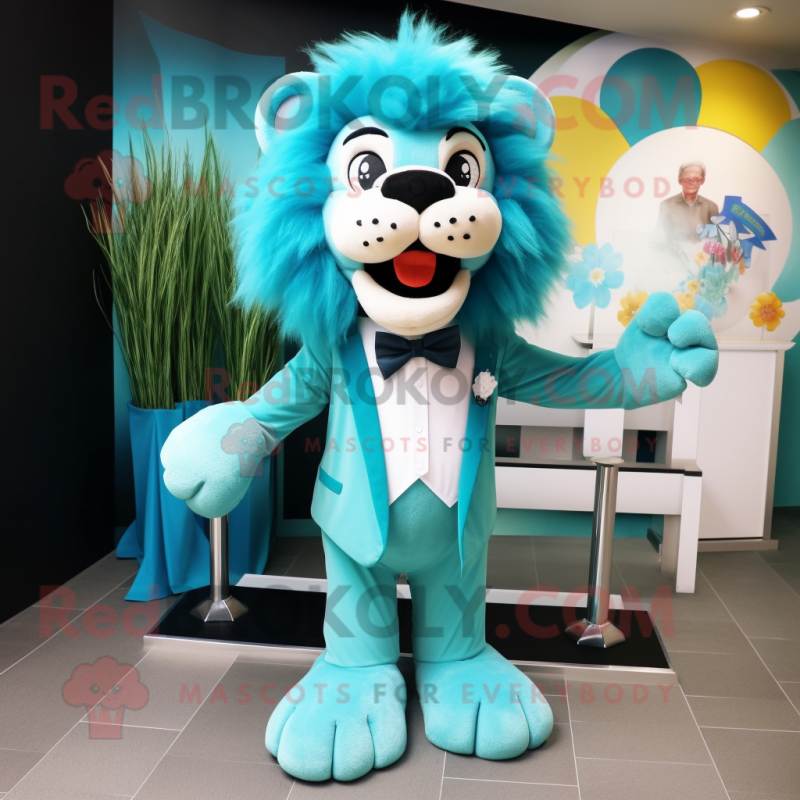 Cyan Lion mascot costume character dressed with a A-Line Dress and Bow ties Cyan Lion mascot costume character dressed with a A-Line Dress and Bow ties