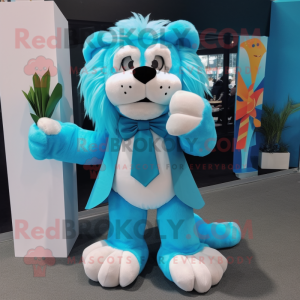 Cyan Lion mascot costume character dressed with a A-Line Dress and Bow ties