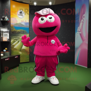 Magenta Golf Ball mascot costume character dressed with a Parka and Suspenders