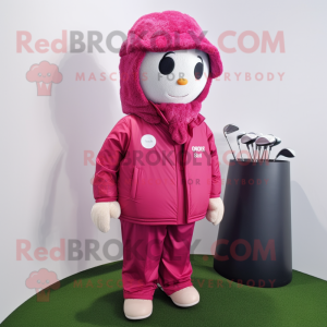 Magenta Golf Ball mascot costume character dressed with a Parka and Suspenders