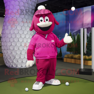 Magenta Golf Ball mascot costume character dressed with a Parka and Suspenders
