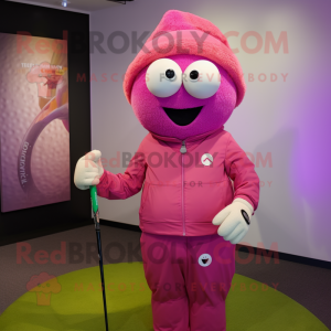 Magenta Golf Ball mascot costume character dressed with a Parka and Suspenders