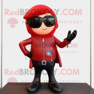 Red Hourglass mascot costume character dressed with a Leather Jacket and Sunglasses