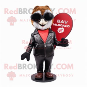 Red Hourglass mascot costume character dressed with a Leather Jacket and Sunglasses