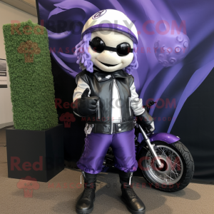 Lavender Baseball Ball mascot costume character dressed with a Biker Jacket and Shoe laces
