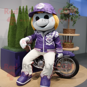 Lavender Baseball Ball mascot costume character dressed with a Biker Jacket and Shoe laces