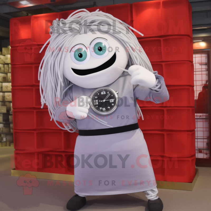 Silver Spaghetti mascot costume character dressed with a T-Shirt and Digital watches Silver Spaghetti mascot costume character dressed with a T-Shirt and Digital watches