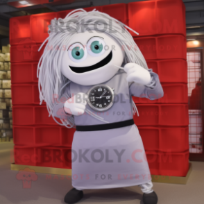Silver Spaghetti mascot costume character dressed with a T-Shirt and Digital watches