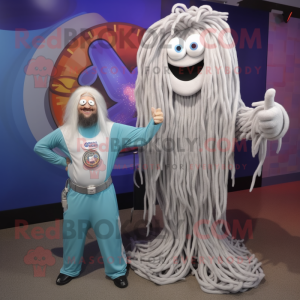 Silver Spaghetti mascot costume character dressed with a T-Shirt and Digital watches