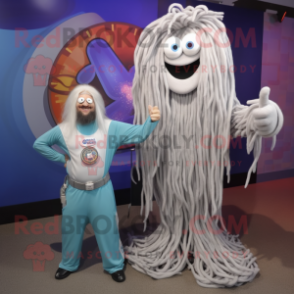 Silver Spaghetti mascot costume character dressed with a T-Shirt and Digital watches