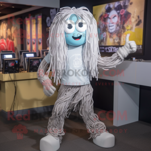 Silver Spaghetti mascot costume character dressed with a T-Shirt and Digital watches