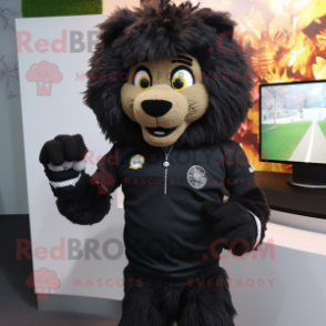 Black Lion mascot costume character dressed with a Blouse and Smartwatches